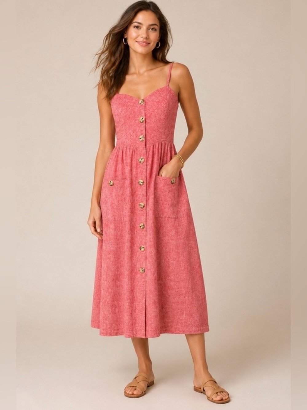 Indigo Rein coral-red linen-blend midi dress | Size S | Excellent Condition